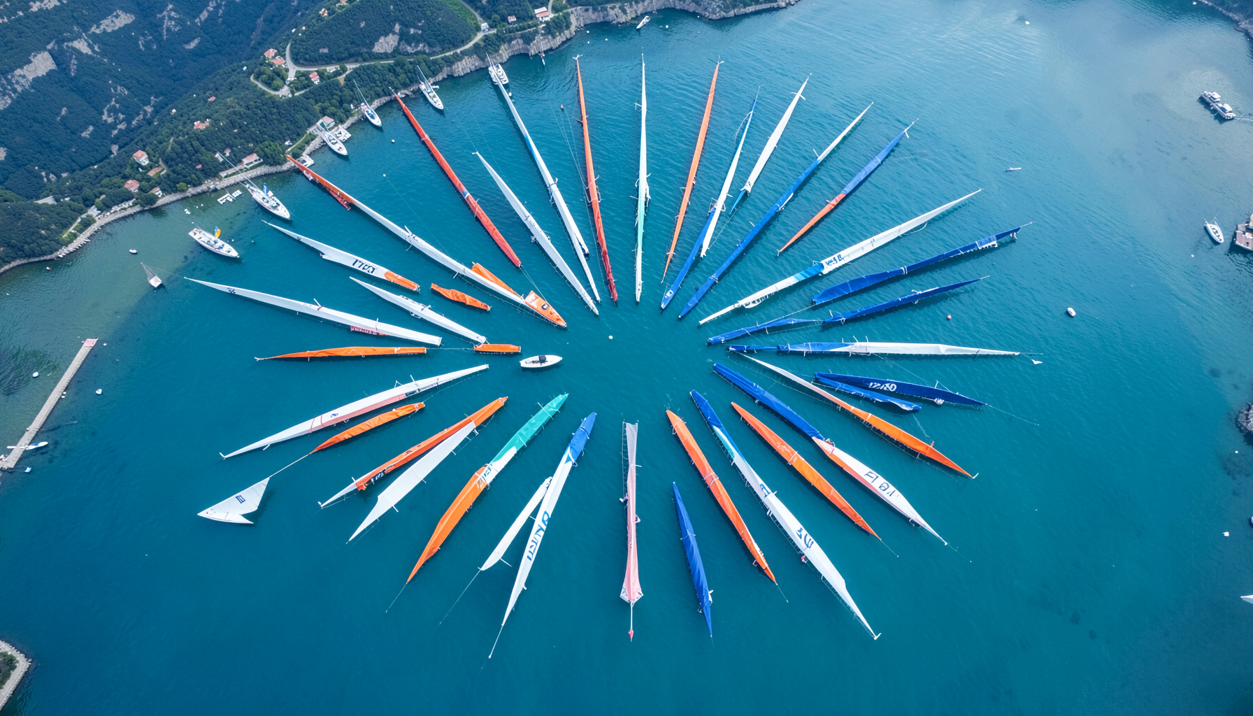 Vista dall'alto di una regata sul Lago di Garda: decine di vele bianche, arancioni e blu disposte a ventaglio sull'acqua